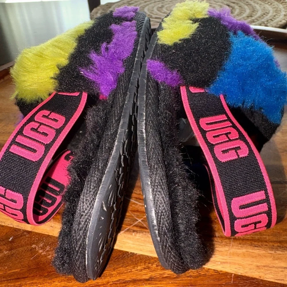 UGG Fluff Yeah Party Spots Fur Lined Slippers Sandals w/ Strap Toddlers Sz 9